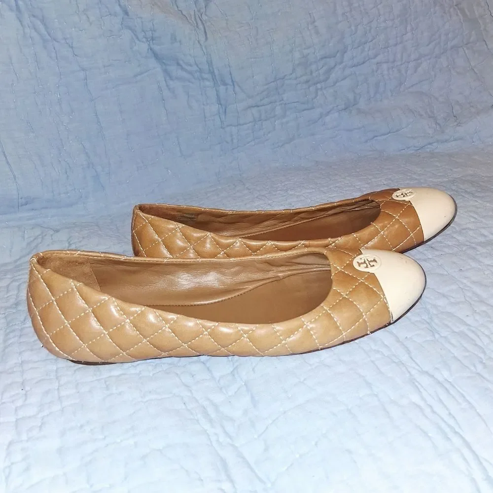 Tory Burch Brown and Cream Quilted Flats 8.5M